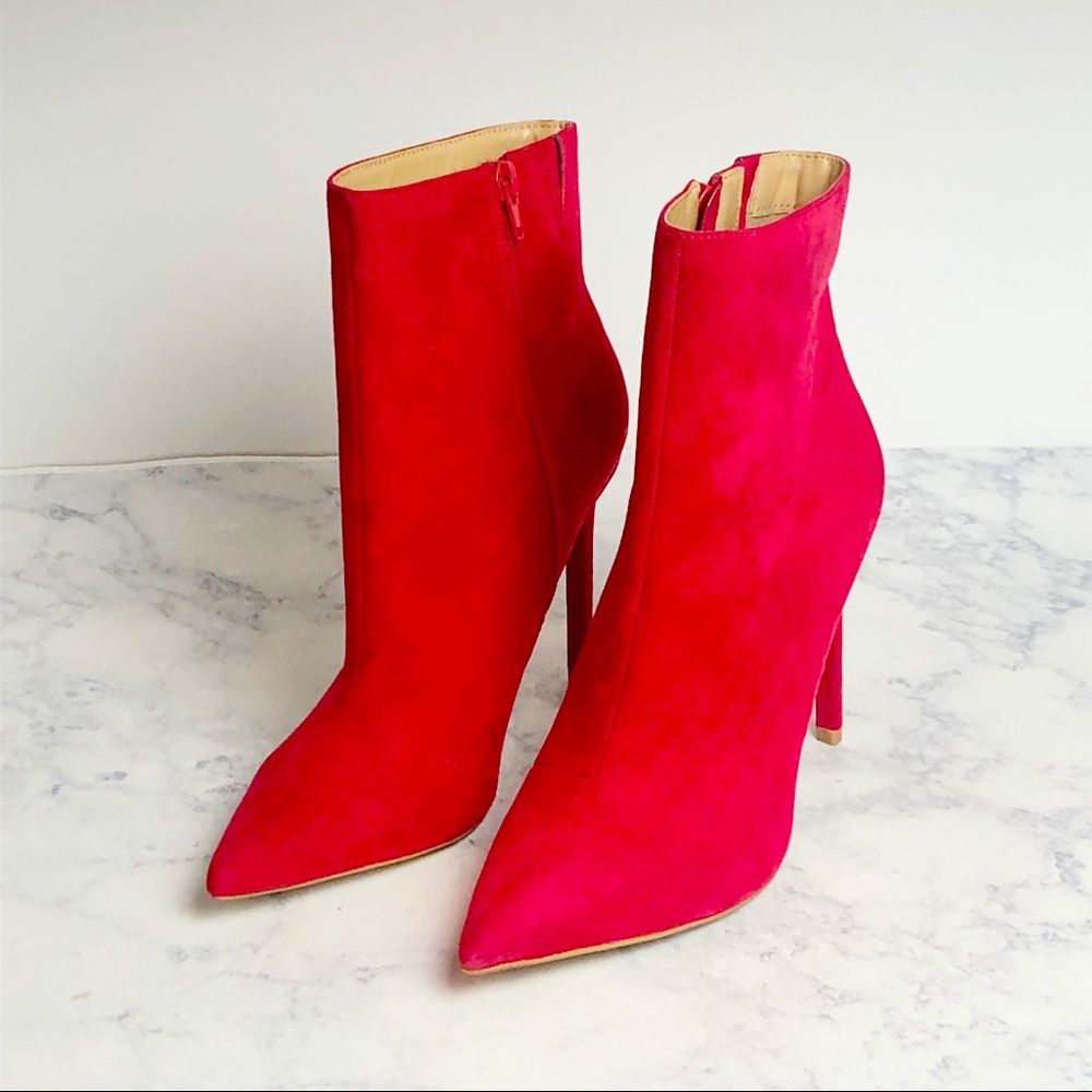 Express Red Suede Heeled Ankle Boots Size 8